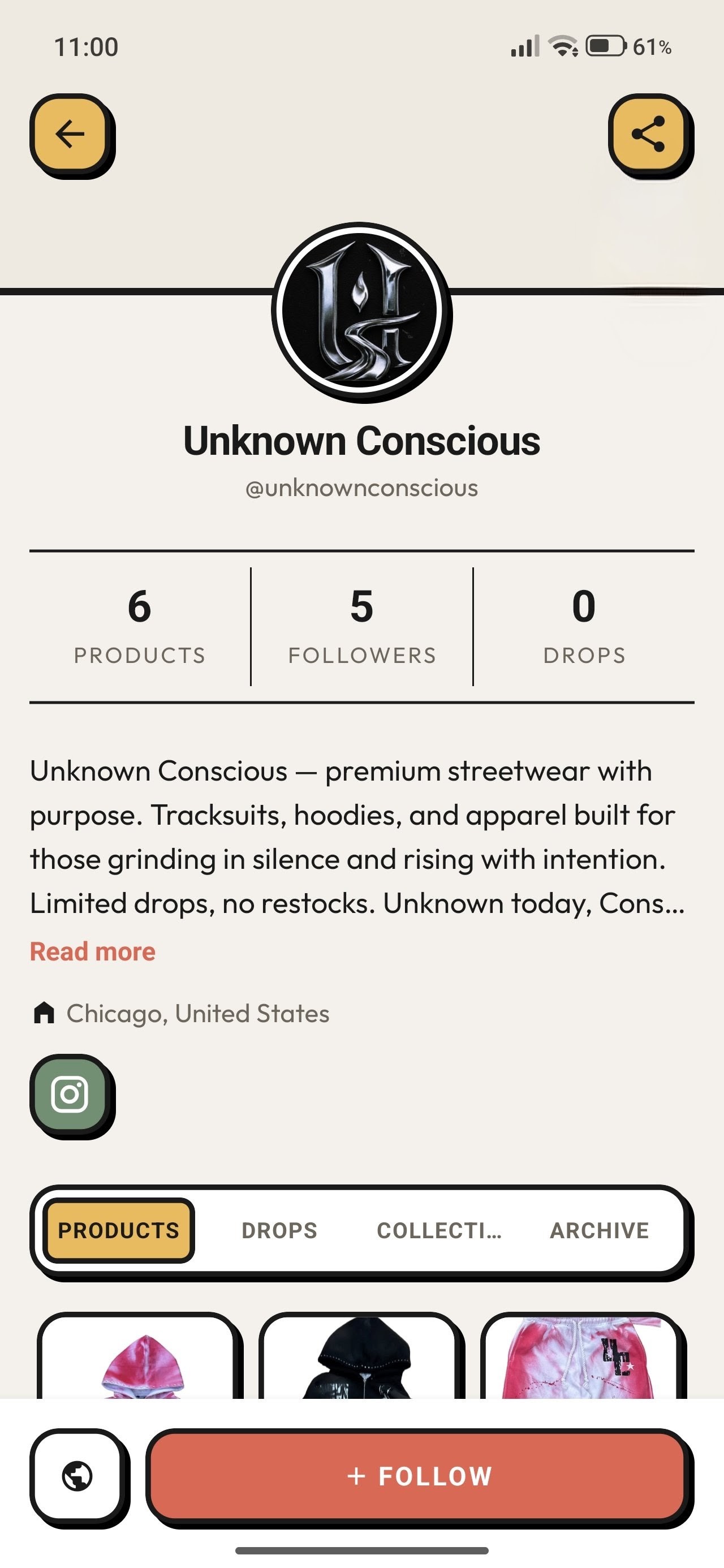 UNFOUND brand profile — follow independent labels with banner, stats, bio and full catalog