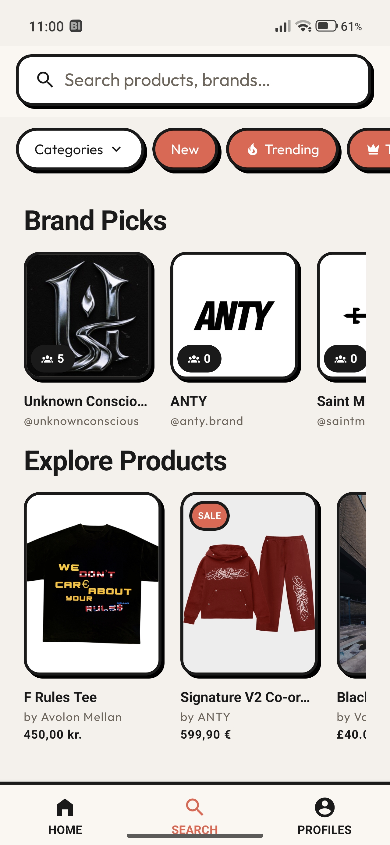 UNFOUND explore tab — discover independent brands, trending products and categories